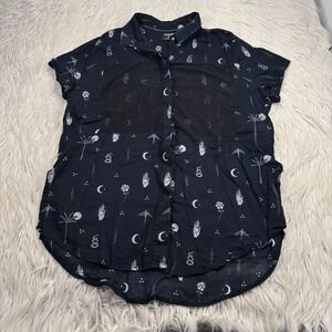 Hurley Women's XL Black Mystic Print Wilson Mesh Port SS Button Down Shirt